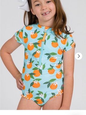 Ruffle Butts Orange Fruit Print One-Piece Swimsuit in Light Blue